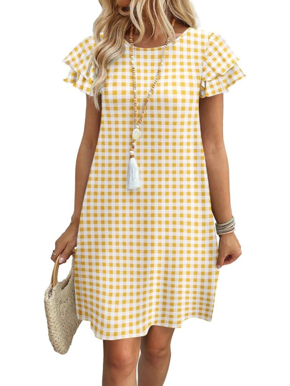 Women's Yellow Gingham Polyester Blend Cap Sleeve Crew Neck Pull On Mini Dress